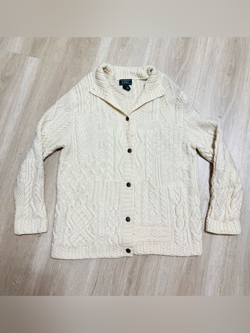 Vtg Lauren Ralph Lauren Hand Knit Wool Cardigan Size XL Cream